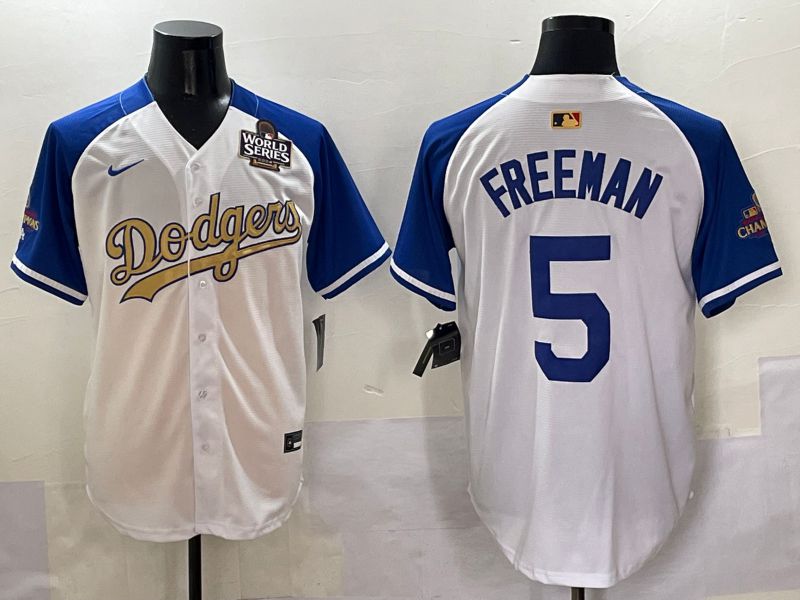 Men Los Angeles Dodgers 5 Freeman White Blue Champion gold character Nike 2025 MLB Jersey style 5056